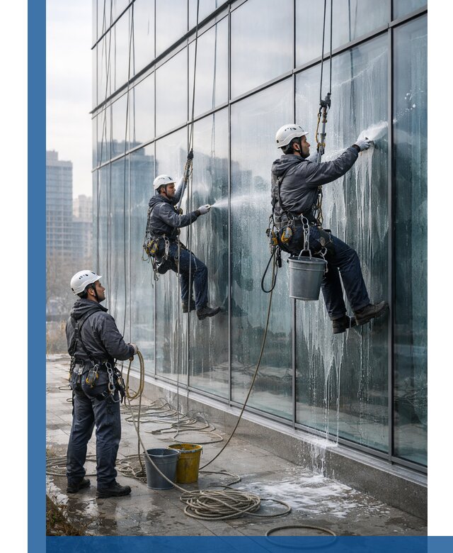 Промышленная мойка панорамных окон на высоте в Чебоксарах