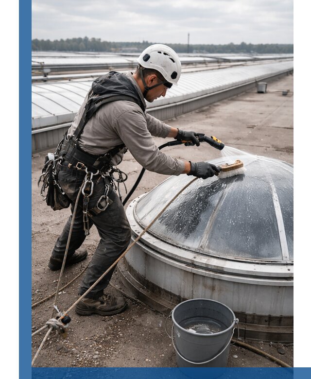 Мойка зенитных фонарей на кровле для промышленных объектов в Чебоксарах