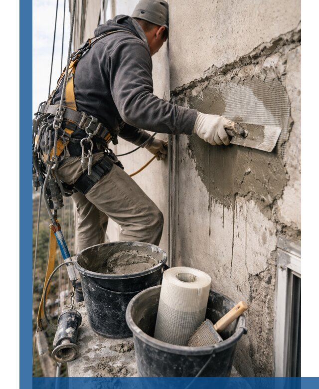 Ремонт бетонных элементов фасада промышленными альпинистами в Чебоксарах