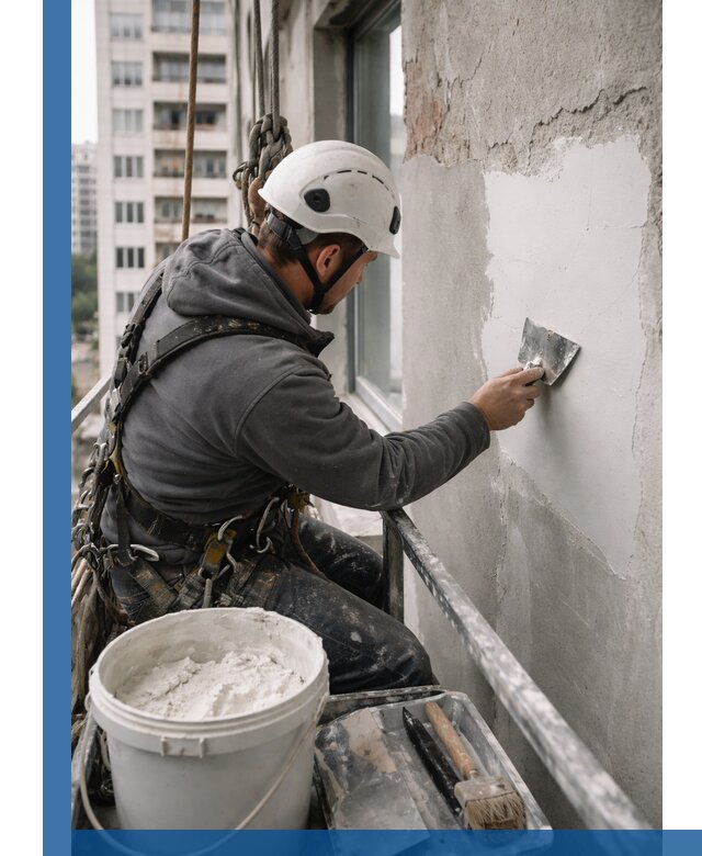 Шпаклевка фасадов на высоте с промальпинистами в Чебоксарах