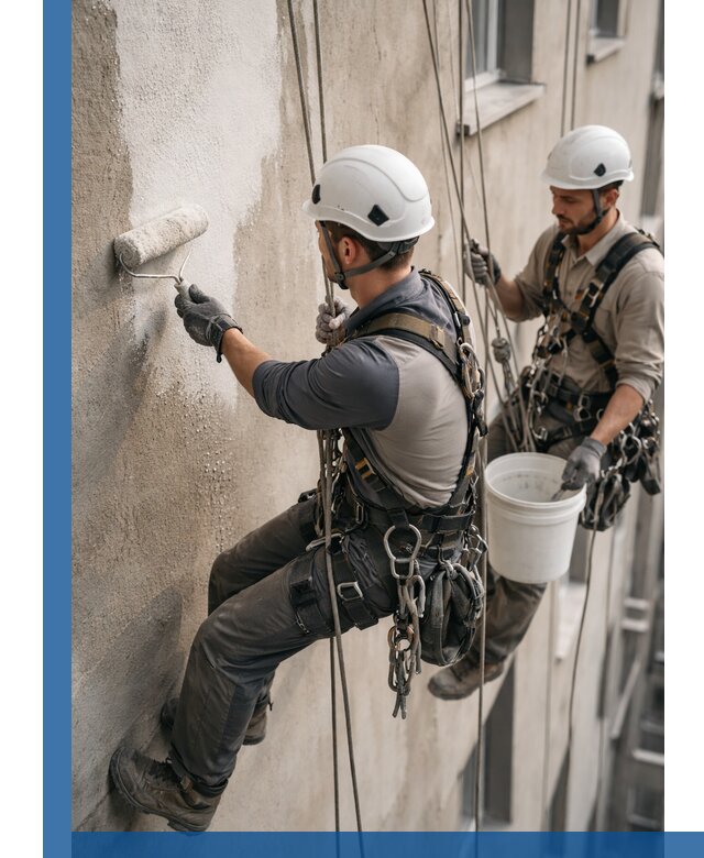 Грунтовка фасада на высоте в Чебоксарах промышленными альпинистами