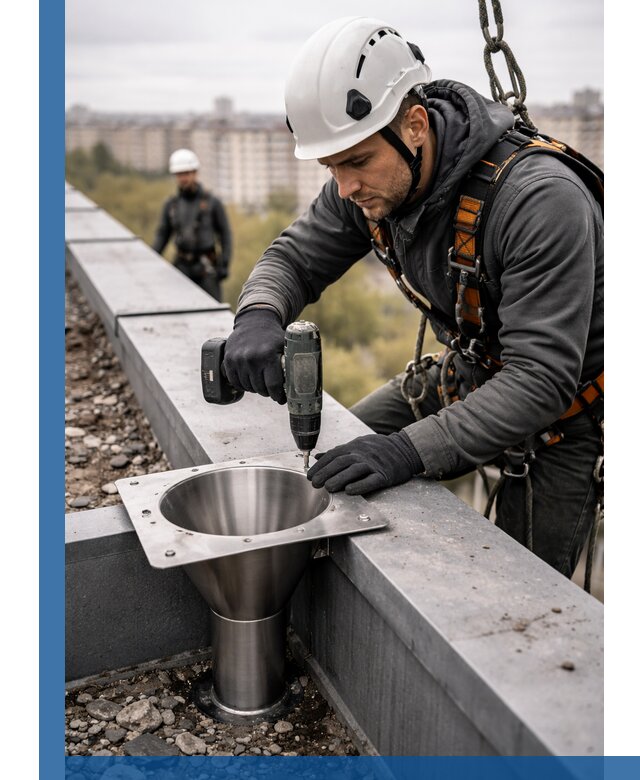 Монтаж водосточных воронок в Чебоксарах для промышленных зданий