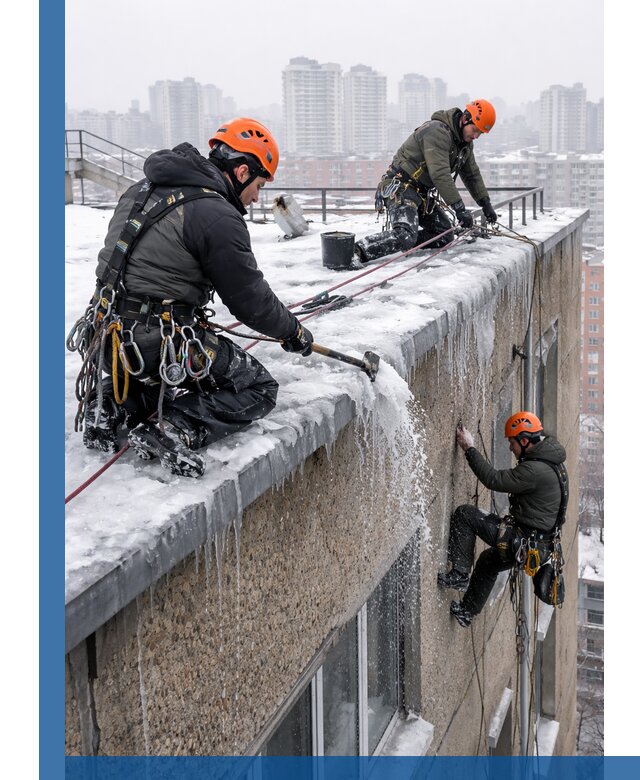 Удаление наледи с кровли в Чебоксарах промышленными альпинистами