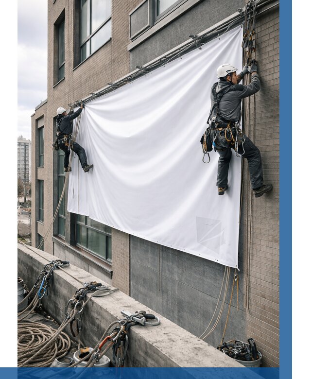 Монтаж баннеров на фасаде в Чебоксарах от 668 р. заказать ВЫСОТНИК-Чбк