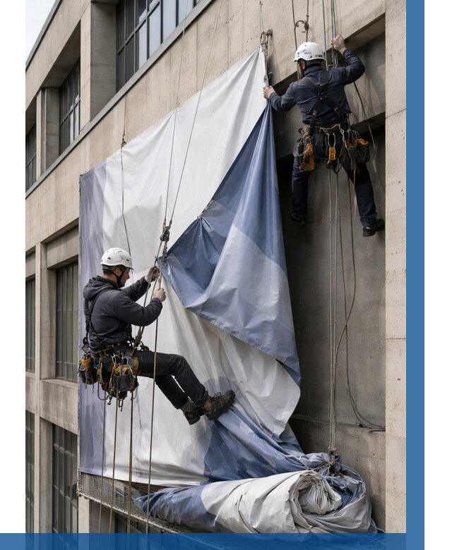 Демонтаж баннеров с фасада в Чебоксарах от 4628 р. | ВЫСОТНИК-Чбк