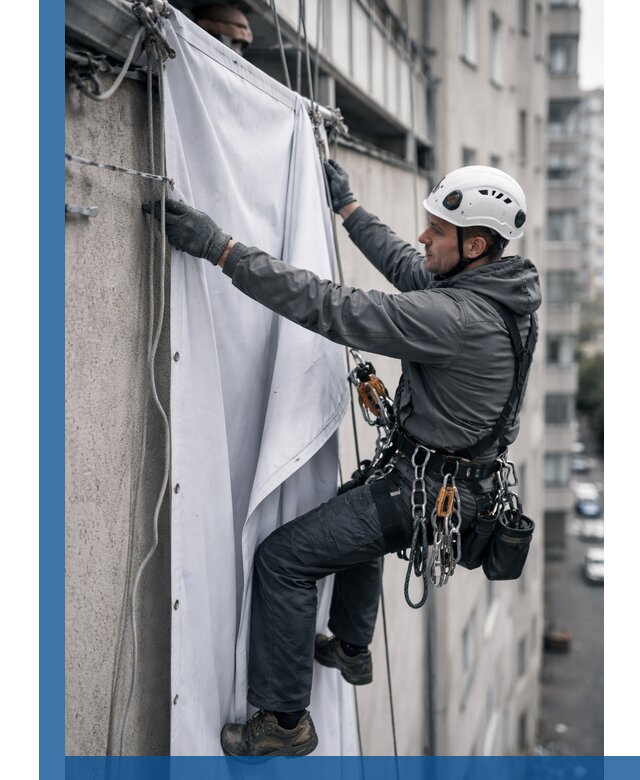 Замена баннерного полотна промышленными альпинистами в Чебоксарах