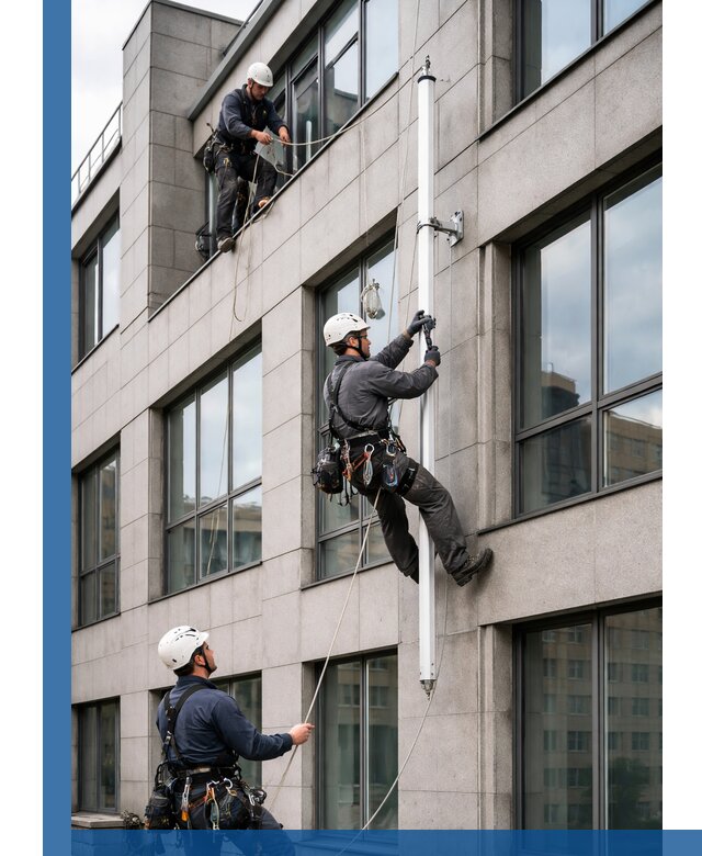 Монтаж флагштока на фасаде здания с креплением и герметикой в Чебоксарах