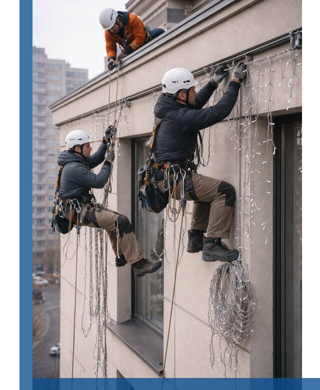 Монтаж праздничных гирлянд на фасаде в Чебоксарах для зданий