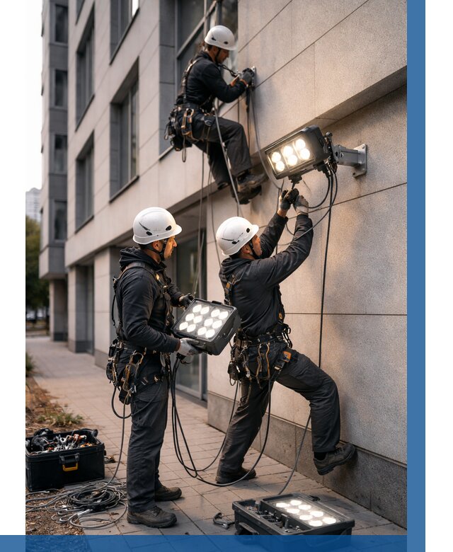 Монтаж прожекторов на фасаде в Чебоксарах от 7713 р. | ВЫСОТНИК-Чбк