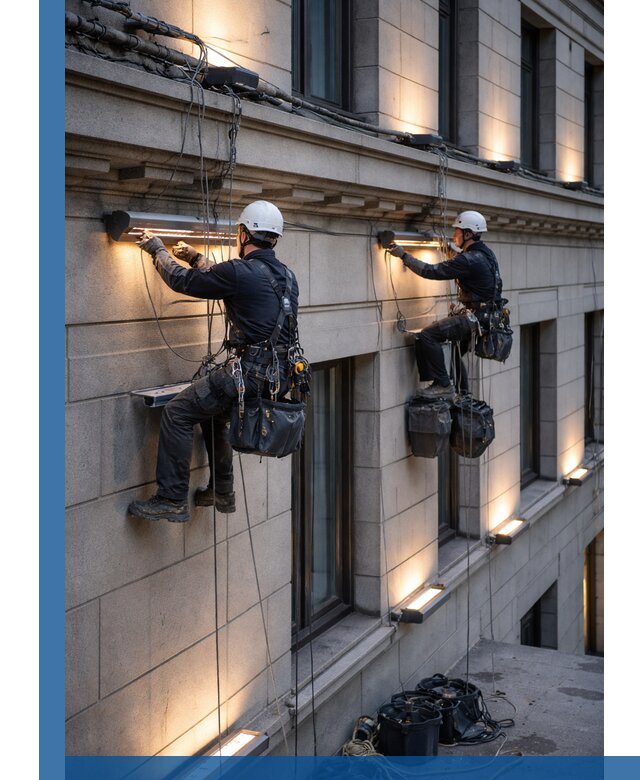 Монтаж архитектурной подсветки фасадов зданий в Чебоксарах