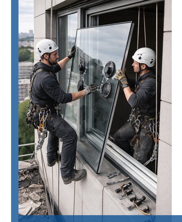 Замена стеклопакетов на высоте с промышленными альпинистами в Чебоксарах