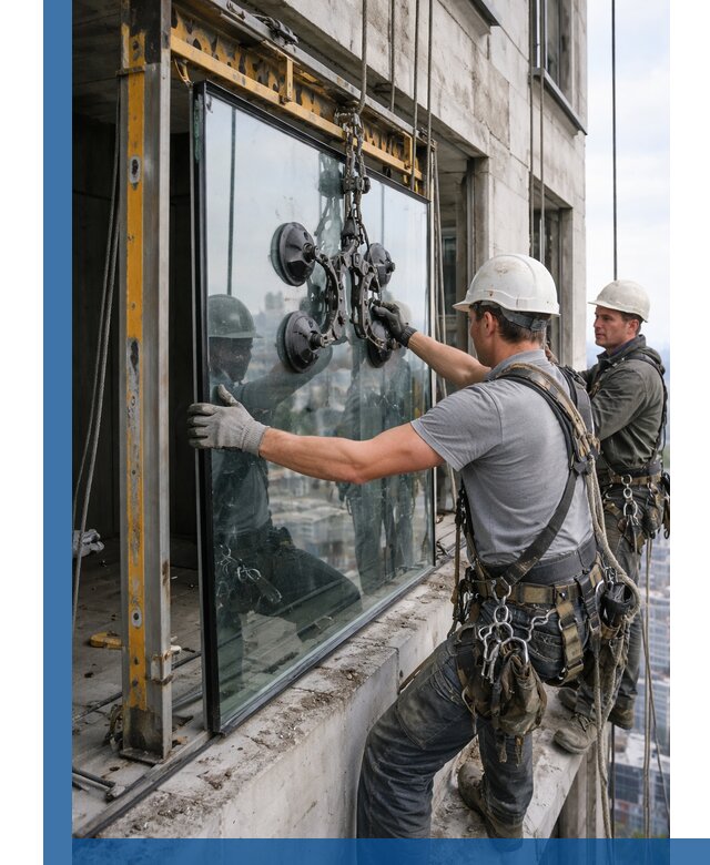 Монтаж стеклопакетов на высоте в Чебоксарах с промышленным альпинизмом