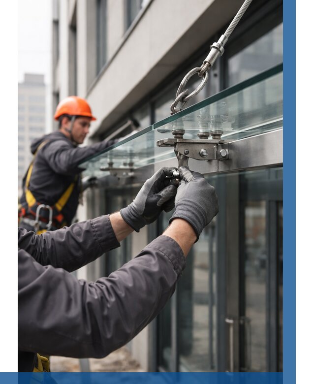 Монтаж стеклянных козырьков в Чебоксарах от 8741 р. | ВЫСОТНИК-Чбк