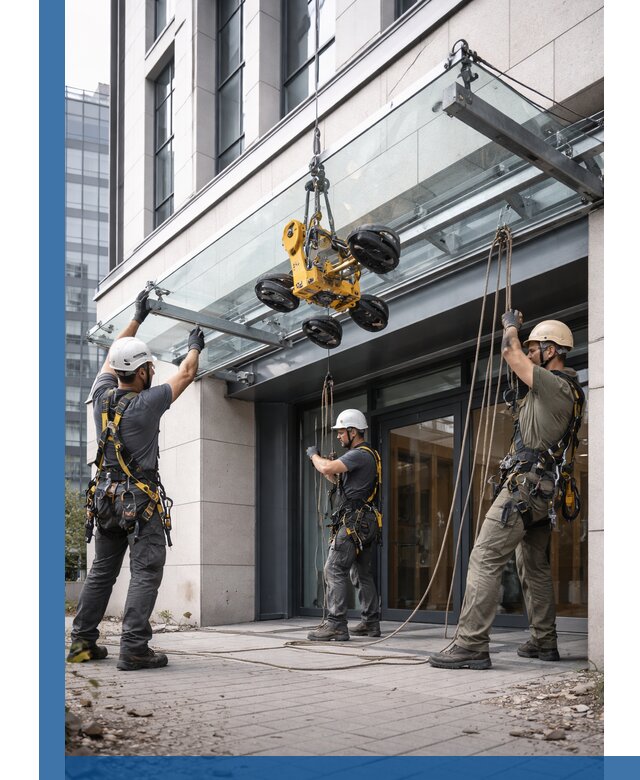 Монтаж стеклянных козырьков под ключ в Чебоксарах для зданий