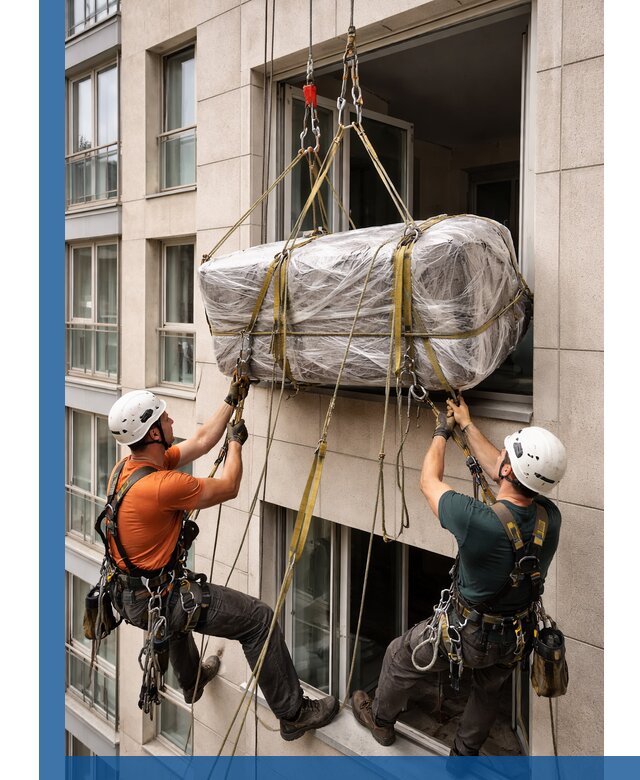 Подъем грузов через окно в Чебоксарах промышленными альпинистами