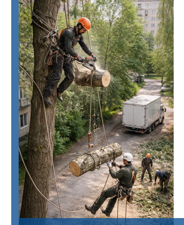 Спил деревьев альпинистами в Чебоксарах, безопасно и без повреждений