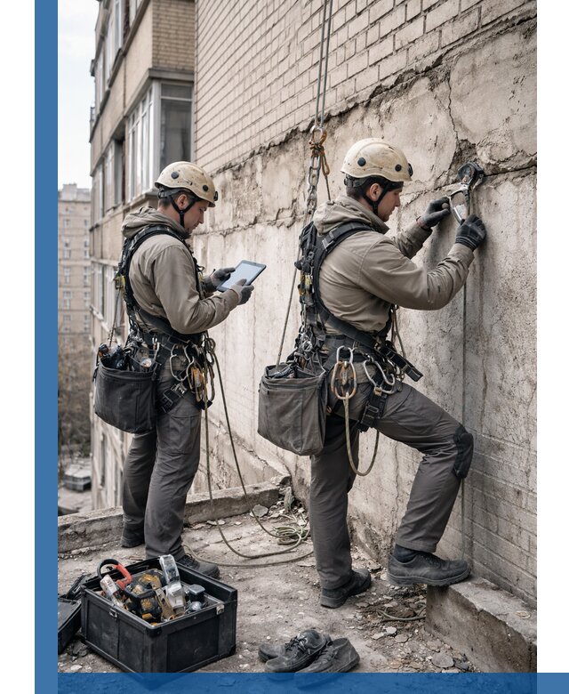 Обследование фасада промышленными альпинистами в Чебоксарах